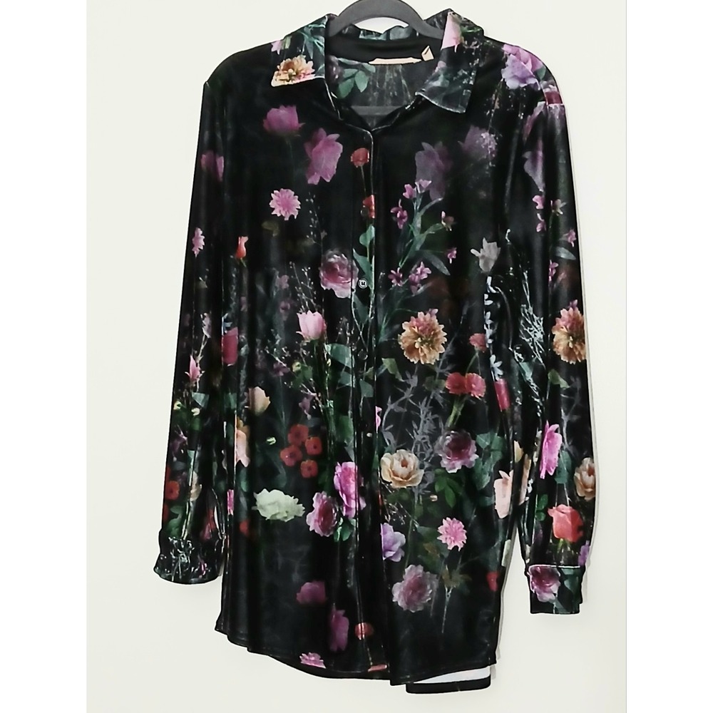 Soft Surroundings Jardim Floral Velvet Blouse Medium Button Up‎ Garden Romantic